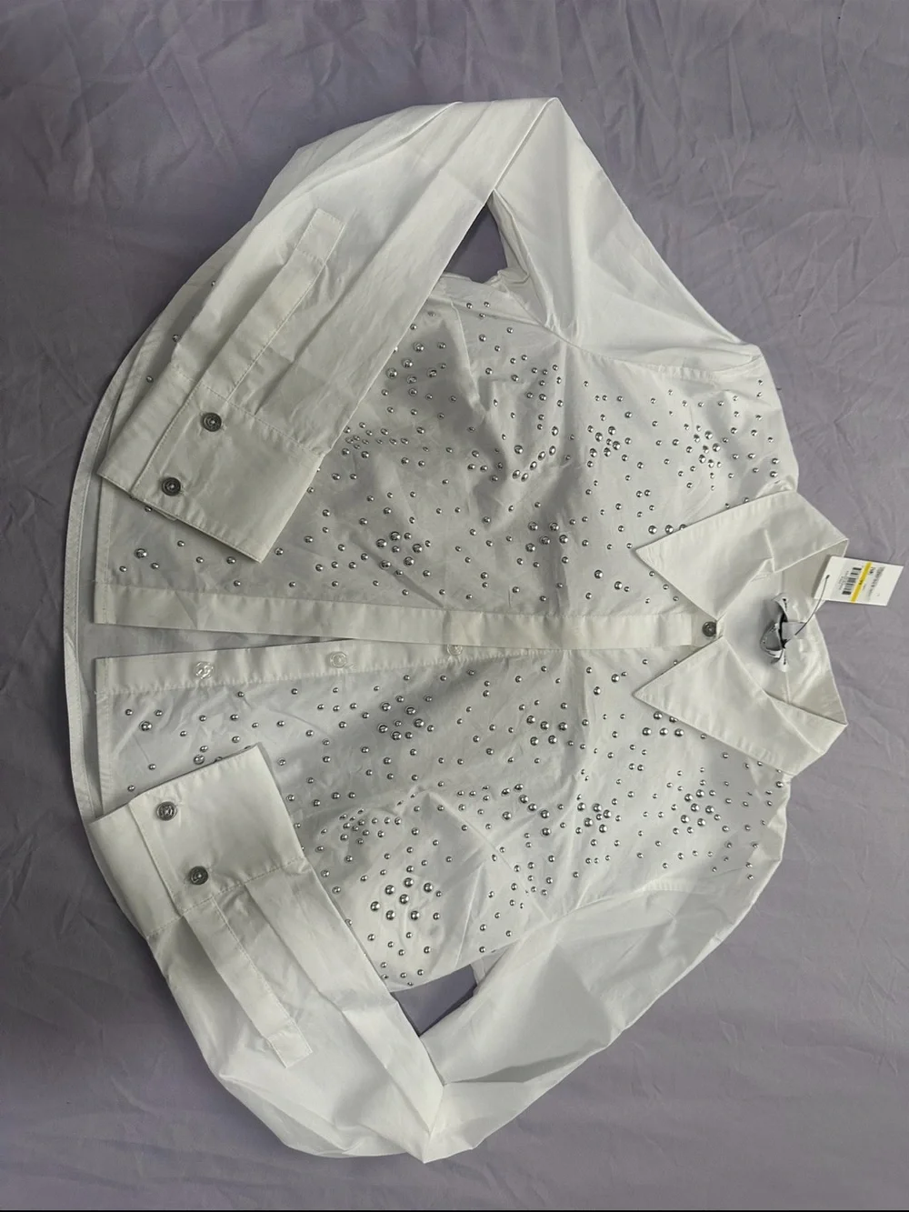 NWT White Poplin Silver Studded Button Down Long Sleeve Shirt Embellished